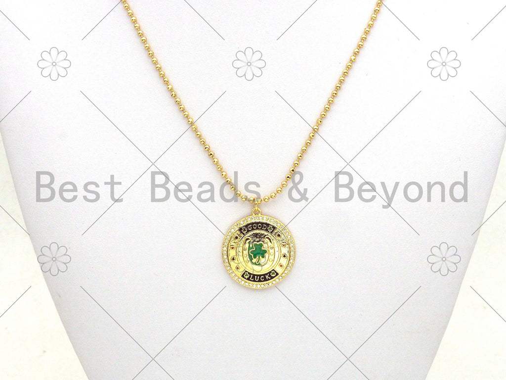 CZ Micro Pave Green Enamel Leaf  On Round Medallion Shape Pendant,18K Gold Filled Good Luck Charm, Necklace Bracelet Charm,25x28mm,Sku#LK380