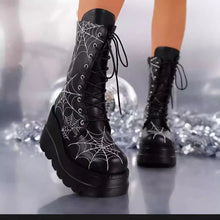 Load image into Gallery viewer, Women's Wedge-Heel Spiderweb Mid-Calf Boots | Plus Size | PU Leather | Side Zipper