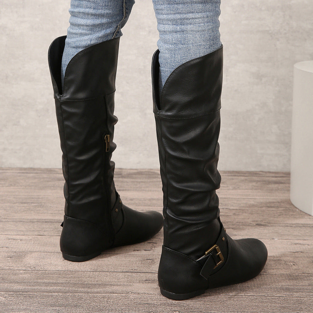 Women's Retro Belt-Buckle Leather Boots - Round Toe Chunky Heel Winter Boots