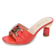 Load image into Gallery viewer, Women's Metal Buckle High Heel Peep Toe Slippers | Block Heel Open Toe Mules in PU Leather