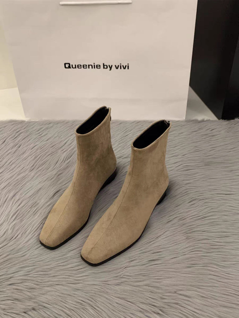 Women's Chunky Heel Suede Fleece-Lined Square Toe Ankle Boots – Back Zipper Winter Boots