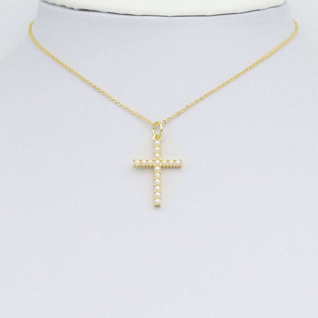White Pearl Gold Silver Cross Shape Charm Pendant, Sku#LX740