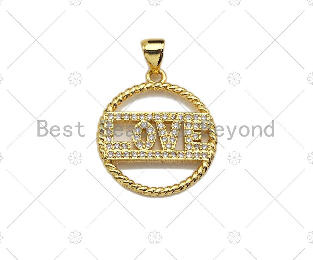 18k Shiny Gold Love On Round Ring Charms, Gold Ring Charms,Gold Pendant, Round Necklace Charms, 18x20mm, Sku#LK147
