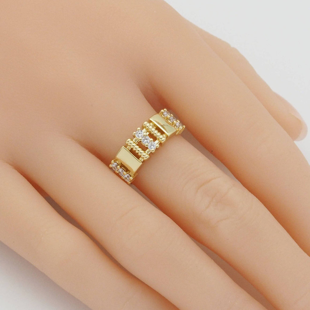Gold Silver Round CZ Rectangle Bar Adjustable Ring, Sku#B372