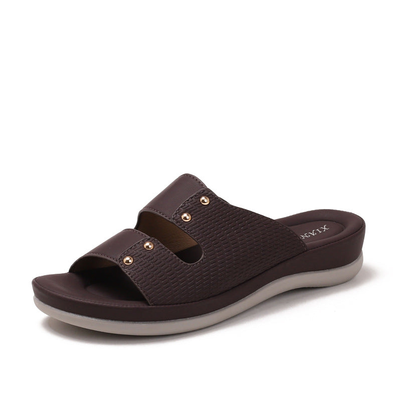 Women's Bohemian Beach Sandals – Round Toe Casual Slip-On Slides | Black, Burgundy, Brown