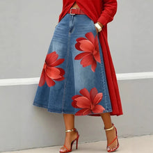 Load image into Gallery viewer, Women's Floral Print A-Line Midi Skirt – Denim-Style Boho Skirt