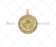 Load image into Gallery viewer, CZ Micro Pave Rose Flower On Coin Shape Pendant/Charm,18K Dianty Gold Medallion Charm, Necklace Bracelet Charm Pendant,15x19mm, Sku#LK251