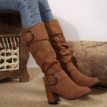 Load image into Gallery viewer, Women's Belt Buckle Chunky Heel Mid-Calf Boots | Suede Pointed Toe Fall Winter