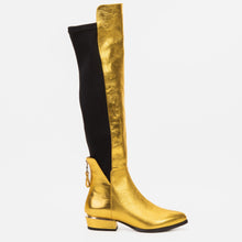 Load image into Gallery viewer, The Fairoks Gold Leather Pointy Toe Knee High Women Boot