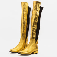 Load image into Gallery viewer, The Fairoks Gold Leather Pointy Toe Knee High Women Boot