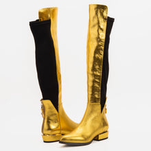 Load image into Gallery viewer, The Fairoks Gold Leather Pointy Toe Knee High Women Boot