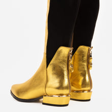 Load image into Gallery viewer, The Fairoks Gold Leather Pointy Toe Knee High Women Boot