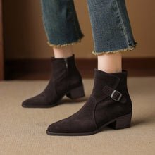 Load image into Gallery viewer, Women's Retro Chunky Heel Ankle Boots | Round Toe Satin Low-Top Fall Winter Boots