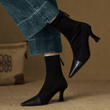 Load image into Gallery viewer, Women's Retro Pointed-Toe Patchwork Slim Mid-Calf Boots | Sheepskin Upper | Black &amp; Brown