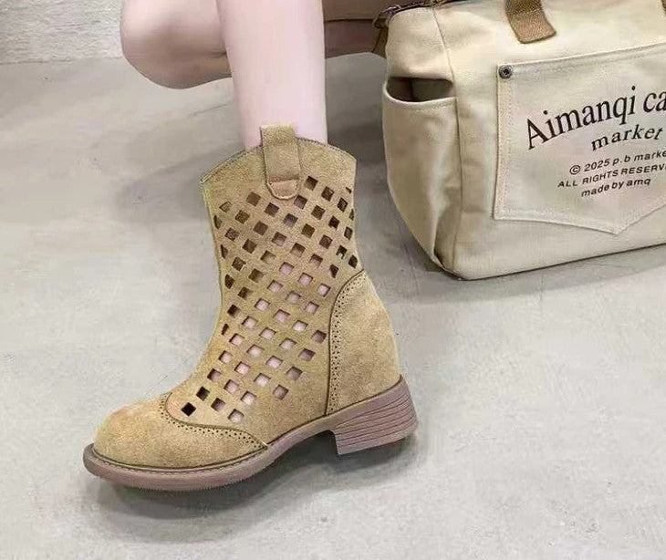 Hollowed-Out Mesh Mid-Calf Boots