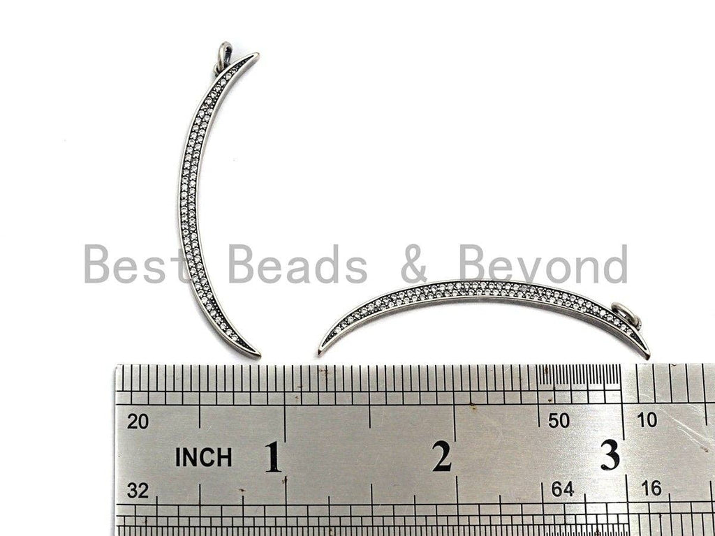 Oxidized Silver CZ Micro Pave Crescent Moon Shaped Pendant/Charm, Antique Silver Thin Moon, Cubic Zirconia Pendant Charm, 3x49mm,sku#X122