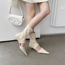 Load image into Gallery viewer, Women's French-Style Pointed-Toe Stiletto Boots - Mid-Calf Hollow-Out Design Stretchy PU Leather