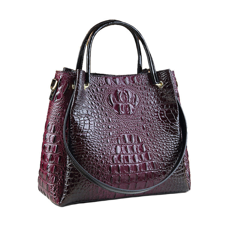 Crocodile-Print Women's Shoulder Bag - Textured PU Leather Handbag with Metal Accents