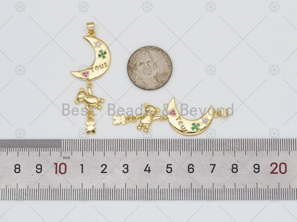 CZ Micro Pave Cresent Moon With Teddy Bear Shape Pendant,18K Gold Filled Moon Bear Charm, Necklace Bracelet Charm Pendant,16x51mm,Sku#LK477