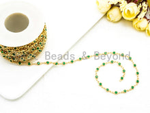 Load image into Gallery viewer, 1 Foot/Yard-Green Beaded Chain-4mm/6mm/8mm Jade Gemstone Beads Chain-Gold Silver Gunmetal Plated Bezel Rosary Chain, Bezel Connector, sku#A1