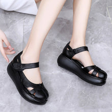 Load image into Gallery viewer, Women's Genuine Leather Closed-Toe Roman Sandals – Velcro Strap Flat Sandals