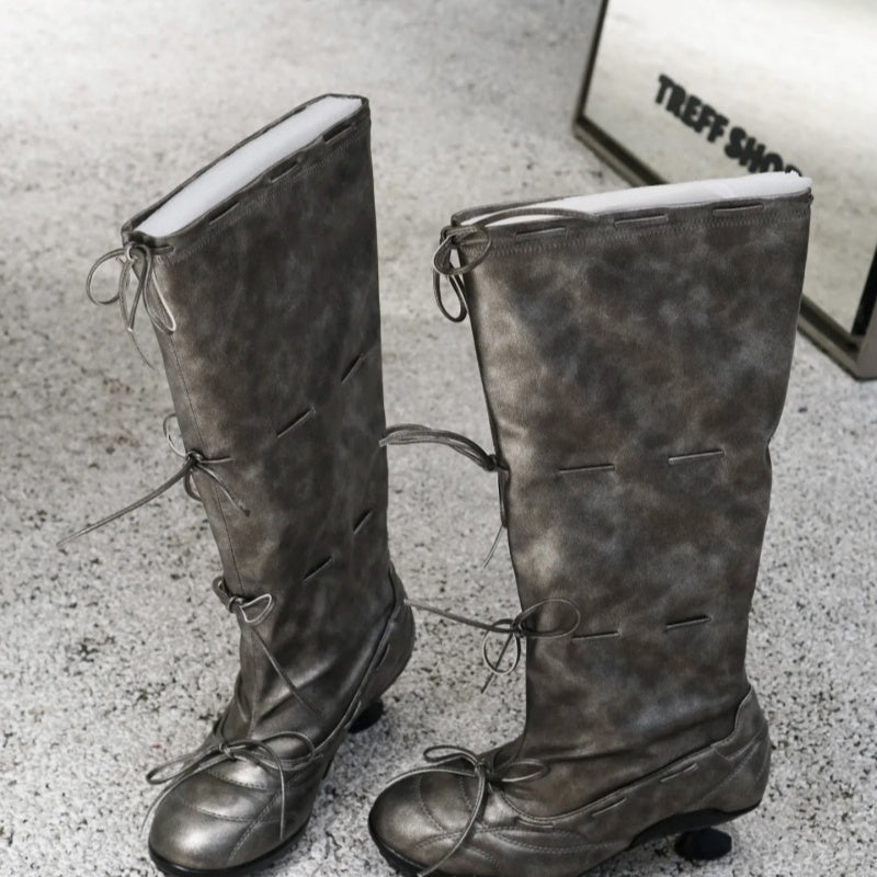 Women's Retro Thigh-High Ballet Boots with Bow Tie Straps - Square Toe Low Heel Fashion Boots