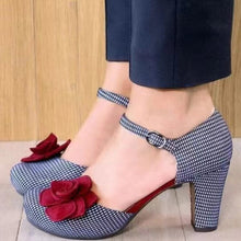 Load image into Gallery viewer, Women's Red Camellia Lattice Hollow Sandals - Round Toe Single Strap Buckle Heels