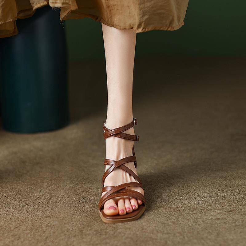 Women's Brown Strappy Stiletto Heels – Vintage Roman Square Toe Sandals with Back Zipper