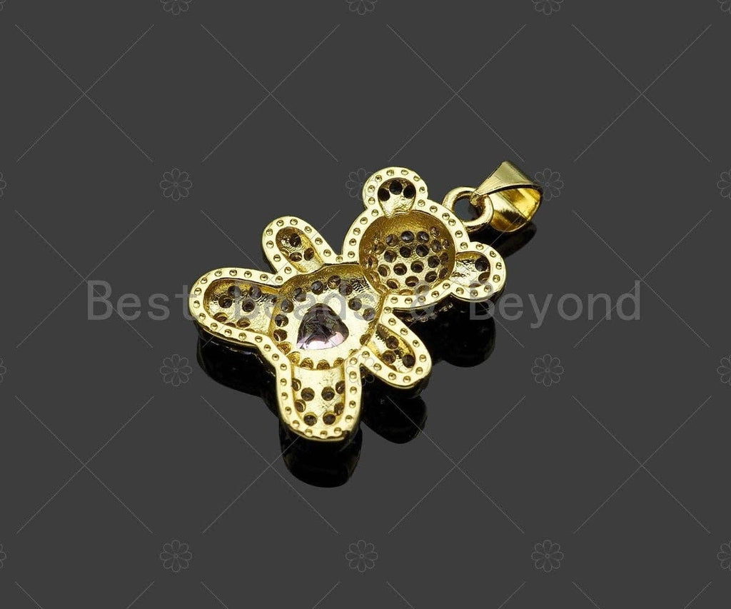 CZ Micro Pave Colorful Heart On Teddy Bear Pendant/Charm, Colorful Cubic Zirconia Charm, Necklace Bracelet Charm Pendant,20x15mm, Sku#LK216