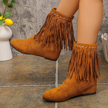 Load image into Gallery viewer, Women's Studded Tassel Mid-Calf Boots - Wedge Heel Suede Boots with Metal Accents