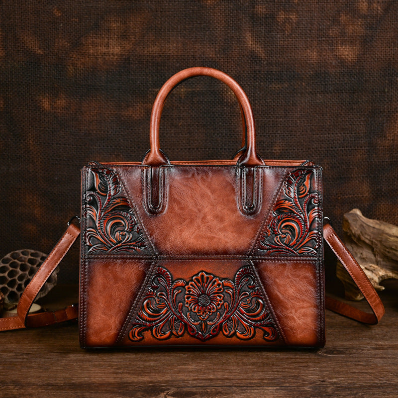 Embossed Patchwork Women's Bag – Large Capacity PU Leather Floral Handbag