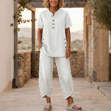 Load image into Gallery viewer, Women's Lapel Button-Up Top &amp; Pants Two-Piece Set – Three-Quarter Sleeve