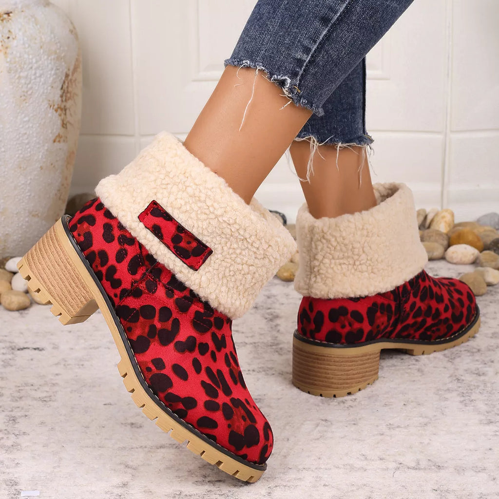 Women's Leopard Print Plush Lined Boots | Mid Heel Slip-On Suede Boots with Warm Faux Fur Lining