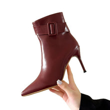 Load image into Gallery viewer, Women's Pointed-Toe Stiletto Ankle Booties - Chunky Heel Side Zipper Boots