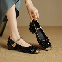 Load image into Gallery viewer, Women's Sequined Peep-Toe Mary Jane Shoes | Low Chunky Heel Buckle Dress Shoes