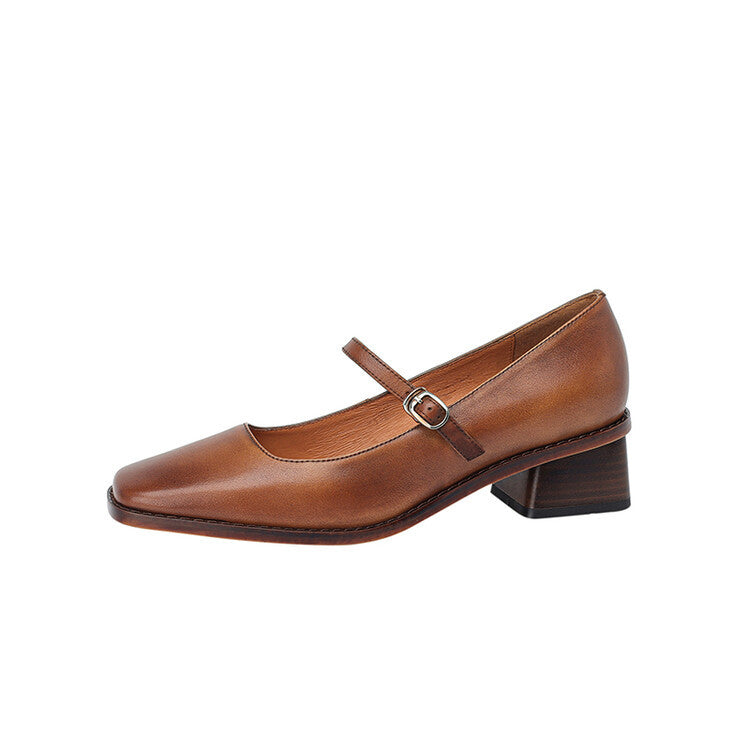 Retro Square Toe Chunky Heel Leather Pumps - Genuine Cowhide Leather Women's Shoes