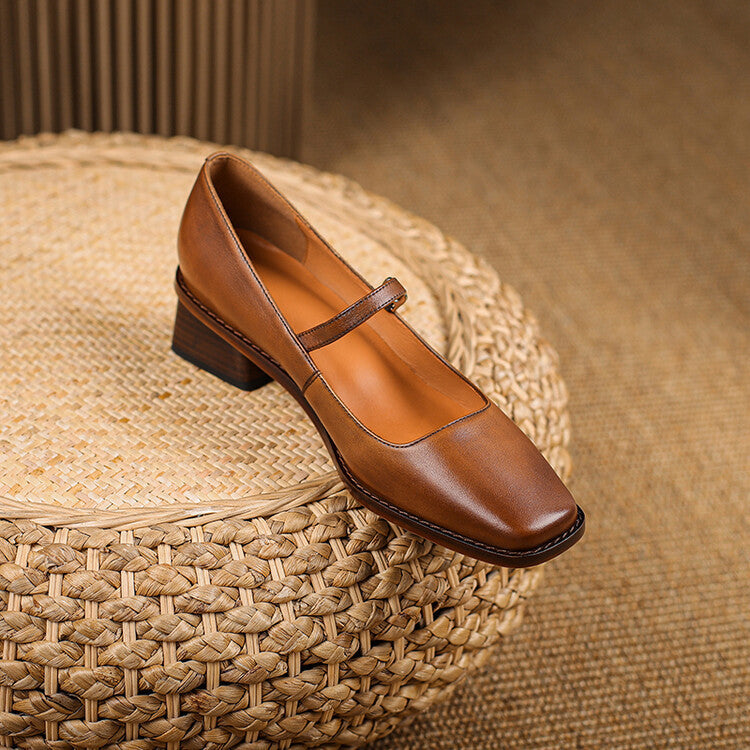 Retro Square Toe Chunky Heel Leather Pumps - Genuine Cowhide Leather Women's Shoes