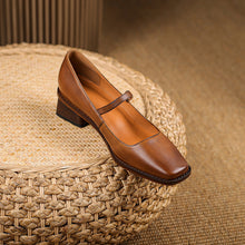 Load image into Gallery viewer, Retro Square Toe Chunky Heel Leather Pumps - Genuine Cowhide Leather Women's Shoes