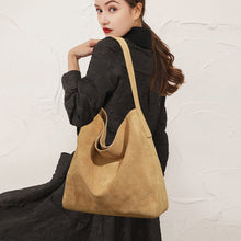Load image into Gallery viewer, Women's Minimalist Suede Leather Tote Bag - Genuine Leather Shoulder Bag with Zipper Pockets