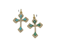 Load image into Gallery viewer, Gold CZ Turquoise/Malachite Cross Charm, Sku#L698