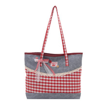 Load image into Gallery viewer, Korean Lace-Trim Color-Block Plaid Tote Bag
