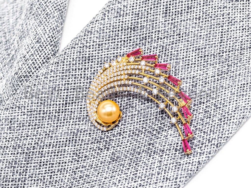 CZ Micro Pave Peacock Brooch Pin with 10mm Round Shell Pearl, Pave Peacock Brooch Jewelry, Gold Fuchsia CZ Pave Pin,  41x59mm, Sku#P27