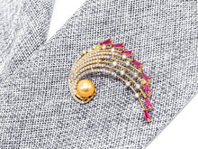 Load image into Gallery viewer, CZ Micro Pave Peacock Brooch Pin with 10mm Round Shell Pearl, Pave Peacock Brooch Jewelry, Gold Fuchsia CZ Pave Pin,  41x59mm, Sku#P27