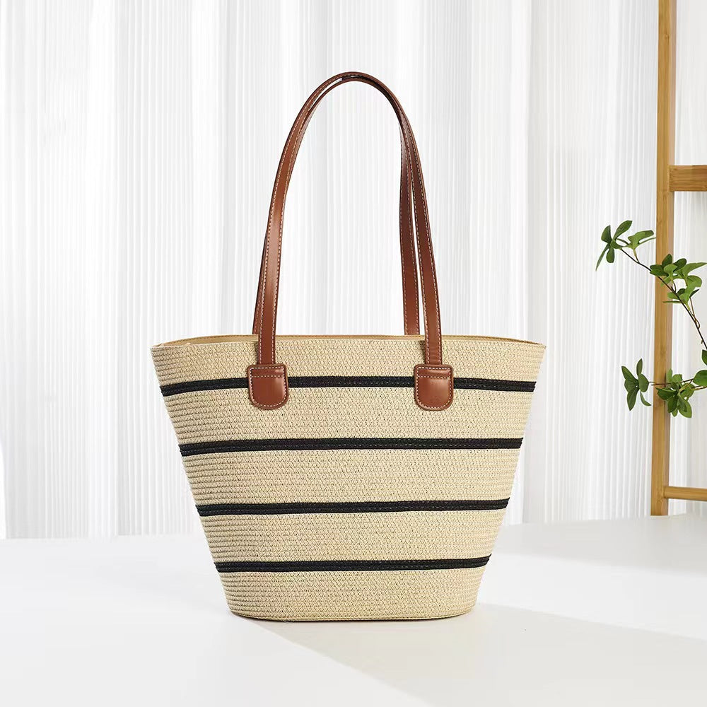 Women's Woven Straw Tote Bag - Minimalist Urban Casual Shoulder Bag with Zipper Compartment