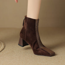 Load image into Gallery viewer, Women's Square-Toe Chunky Heel Horsehair Short Boots – Sheepskin Winter Boots