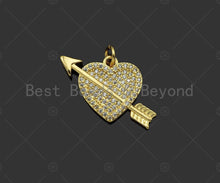 Load image into Gallery viewer, CZ Micro Pave Cupid Arrow On Heart Shape Pendant,Cubic Zirconia Dainty Gold Charm, Necklace Bracelet Charm Pendant,25x18mm, Sku#LK271