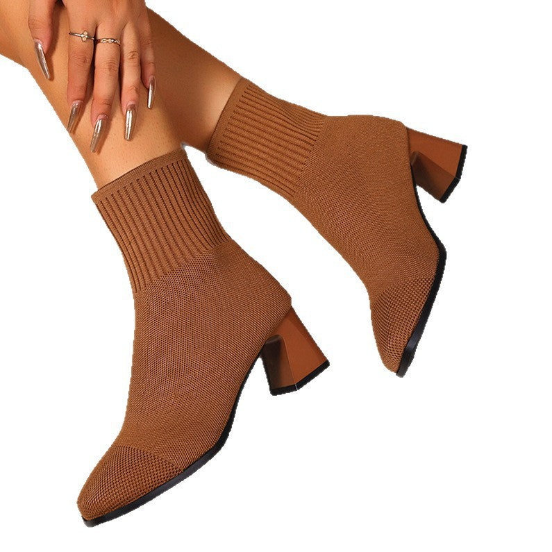 Women's Knitted Ankle Sock Boots – Stretch Slip-On Booties for Autumn | Black Beige Brown