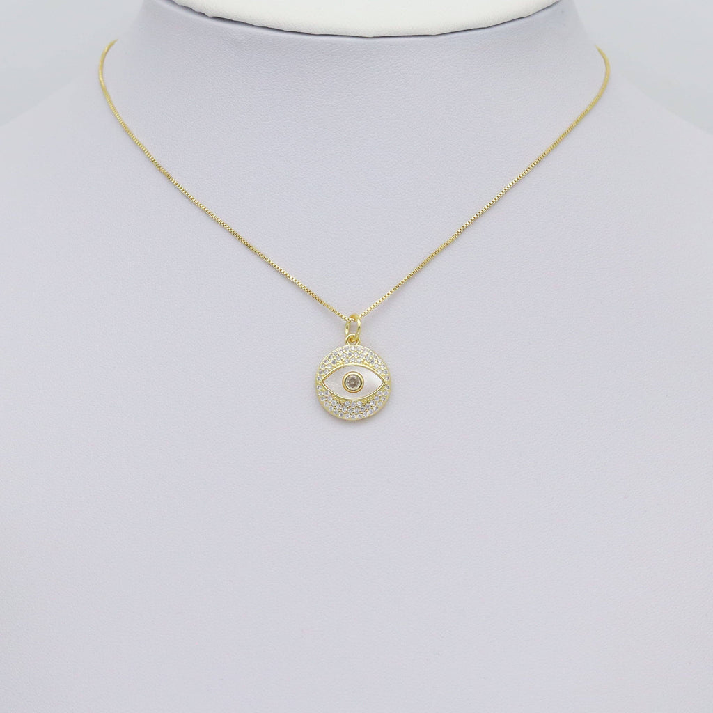 Gold Clear CZ Mother of Pearl Evil Eye Coin Shape Charm, Sku#LX462