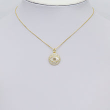Load image into Gallery viewer, Gold Clear CZ Mother of Pearl Evil Eye Coin Shape Charm, Sku#LX462