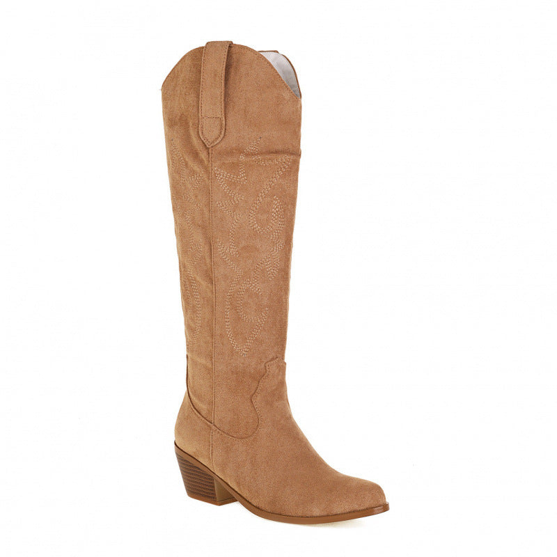 Women's Western Cowboy Embroidered High-Heel Boots – Chunky Heel Slip-On